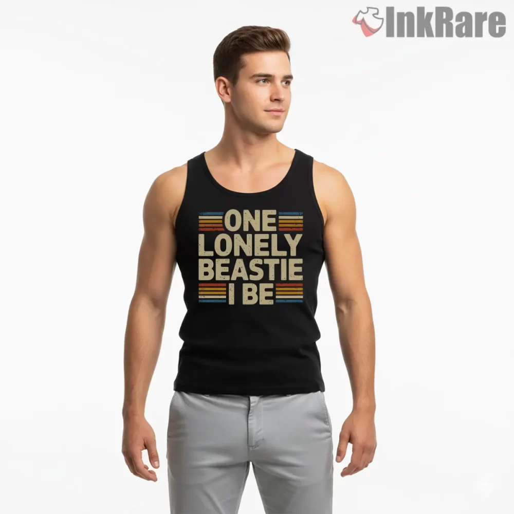 One Lonely Beastie Retro Stripes Shirt on black tank top for men graphic tee