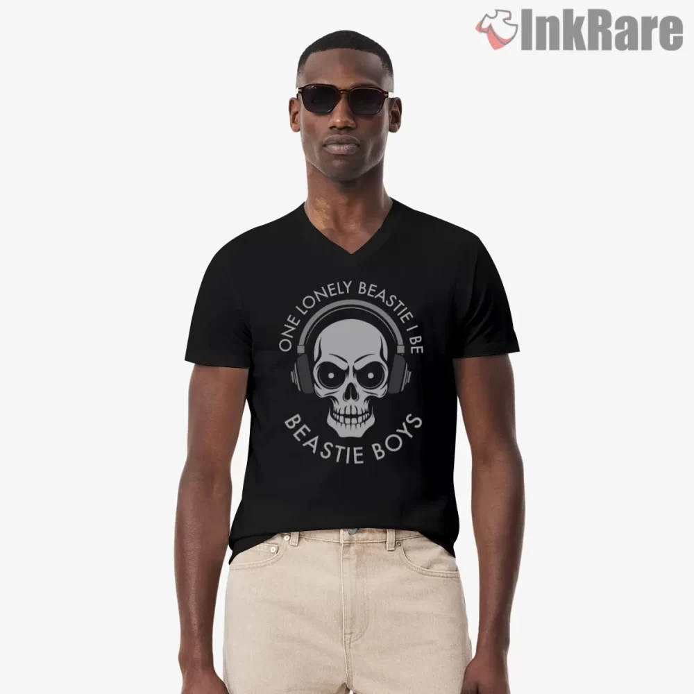 One Lonely Beastie Skull Headphones Shirt on black v-neck shirt for men graphic tee
