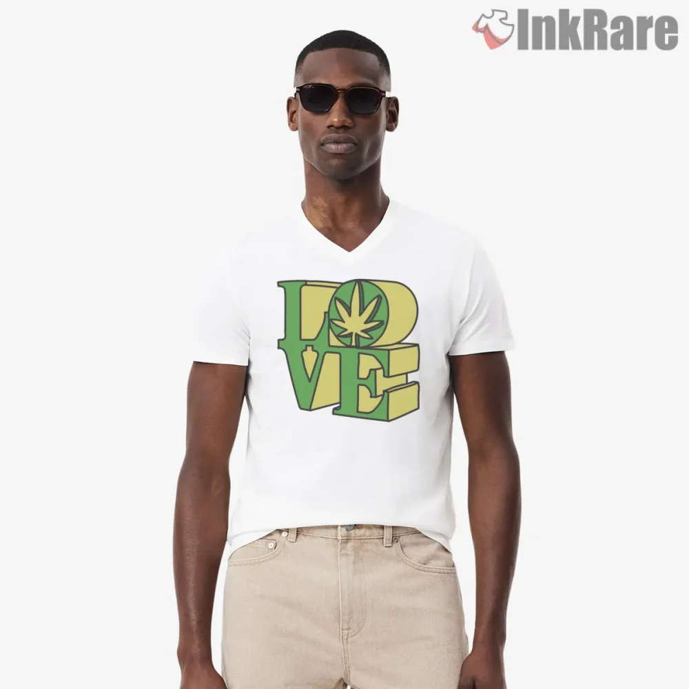 One Love Block Letter Reggae Unity Shirt on white v-neck shirt for men graphic tee