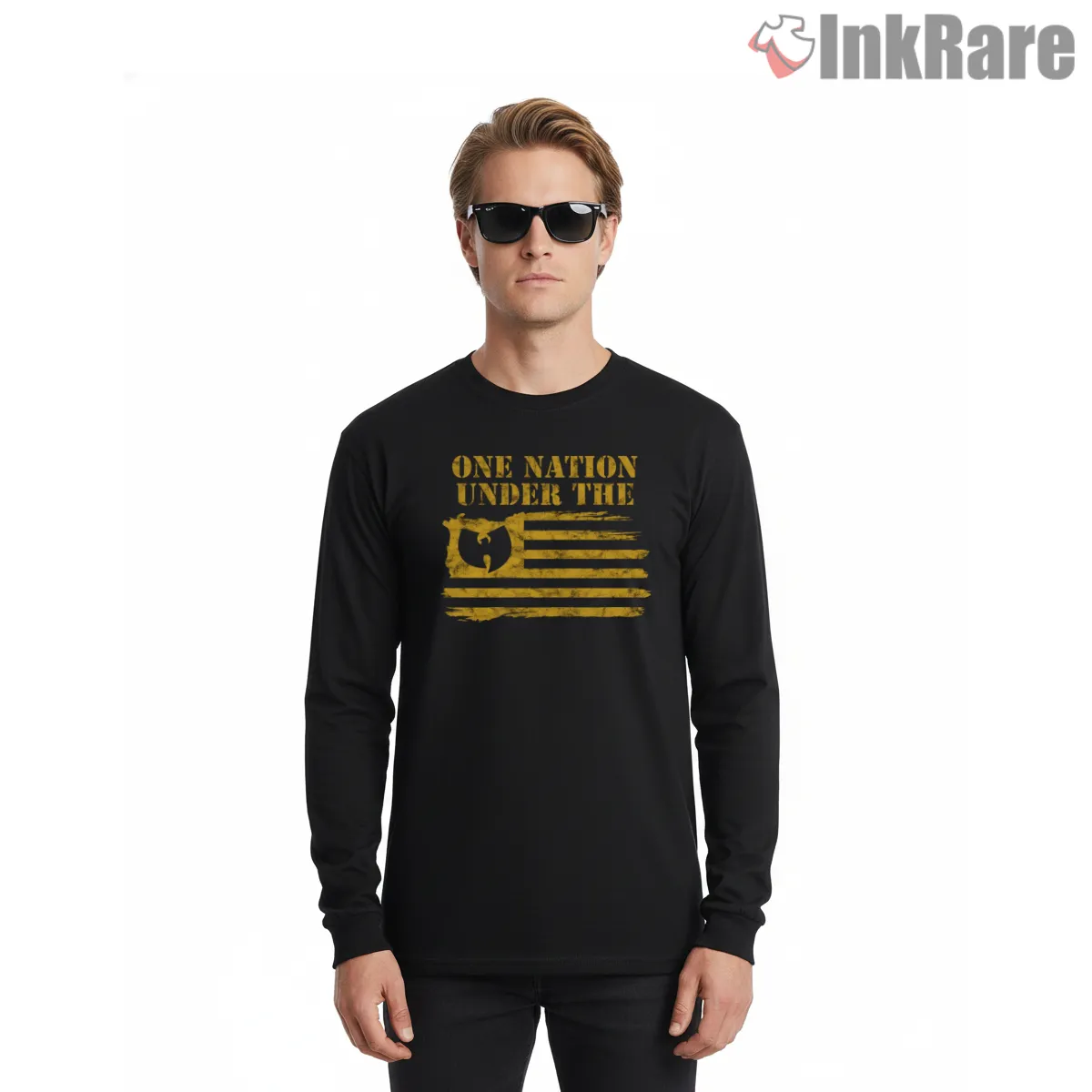 One Nation Under Wu Vintage Flag Long Sleeve Black One Nation Under Wu Vintage Flag Shirt on black long sleeve shirt for men graphic tee