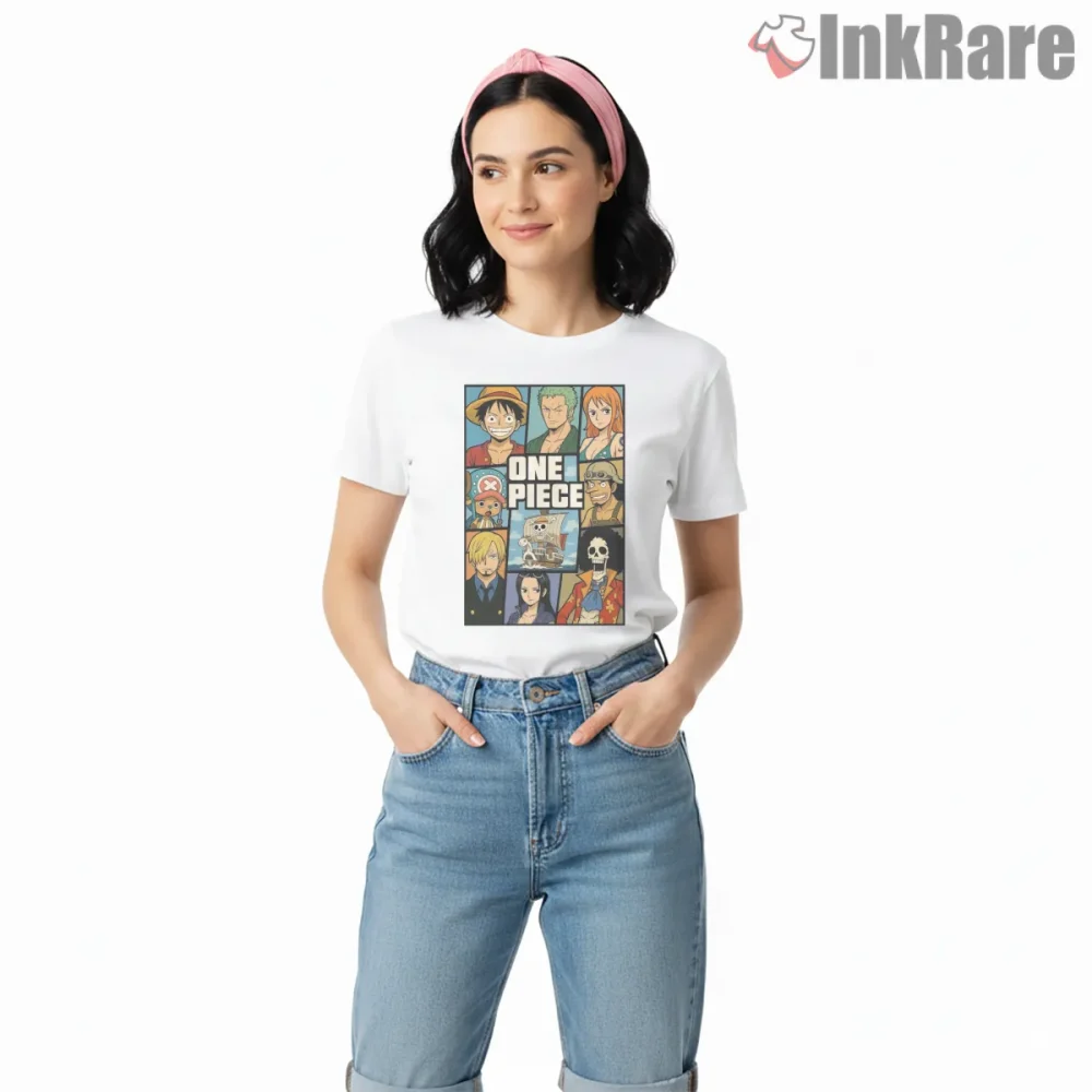 One Piece Crew Poster Collage Anime Shirt on white short sleeve shirt for women graphic tee