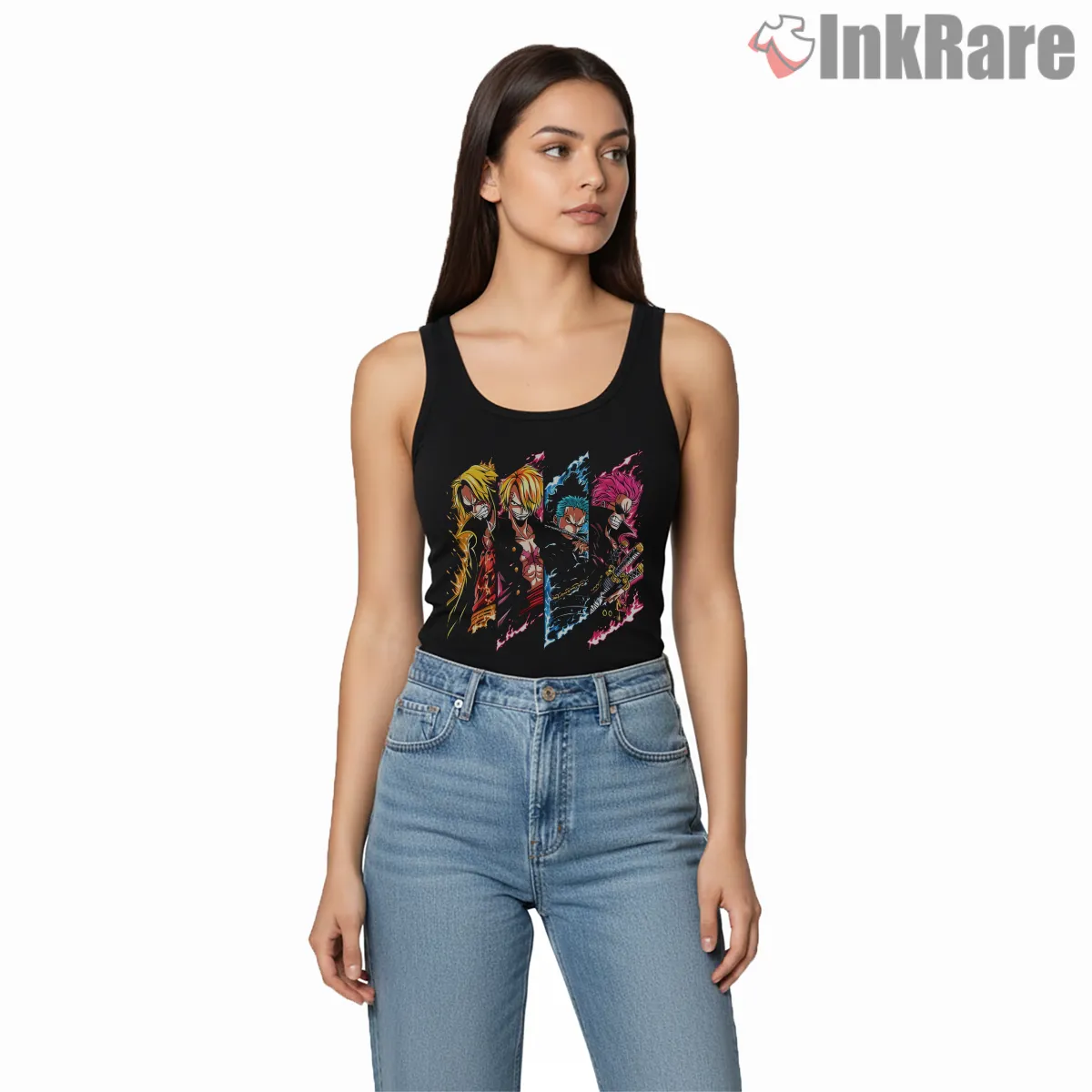 One Piece Elite Fighters Split Panel Anime Shirt on black tank top for women graphic tee
