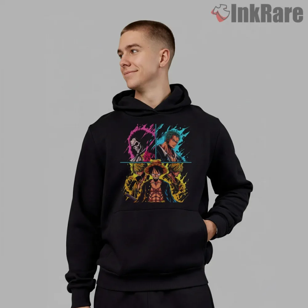 One Piece Legends Split Panel Anime Heroes Shirt on black hoodie for men graphic tee