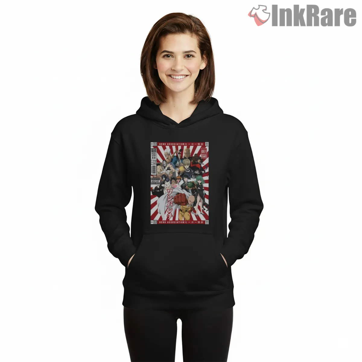 One Punch Man Hero Association Manga Cover Shirt on black hoodie for women graphic tee