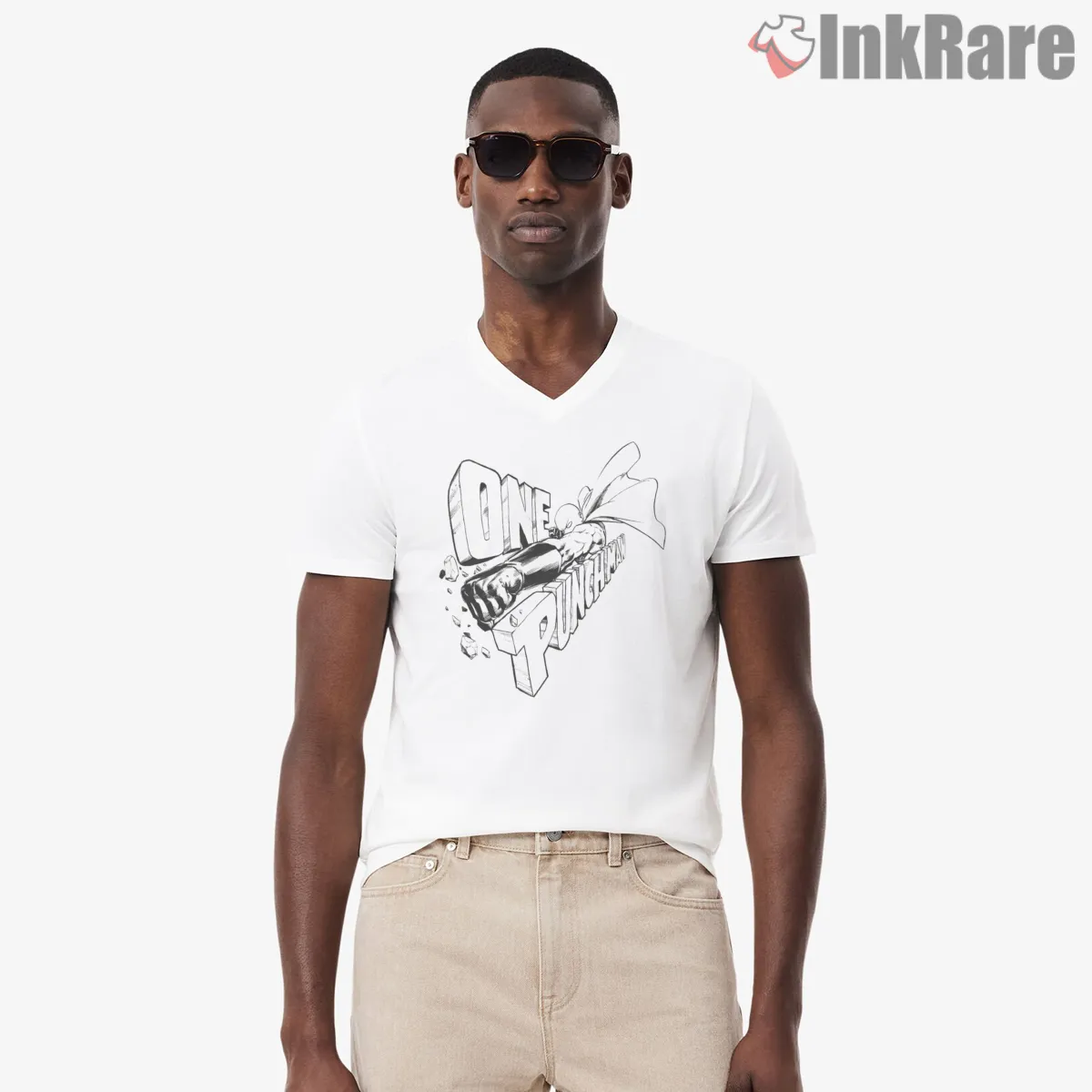 One Punch Strongest Hero Impact V Neck White One Punch Strongest Hero Impact Shirt on white v-neck shirt for men graphic tee
