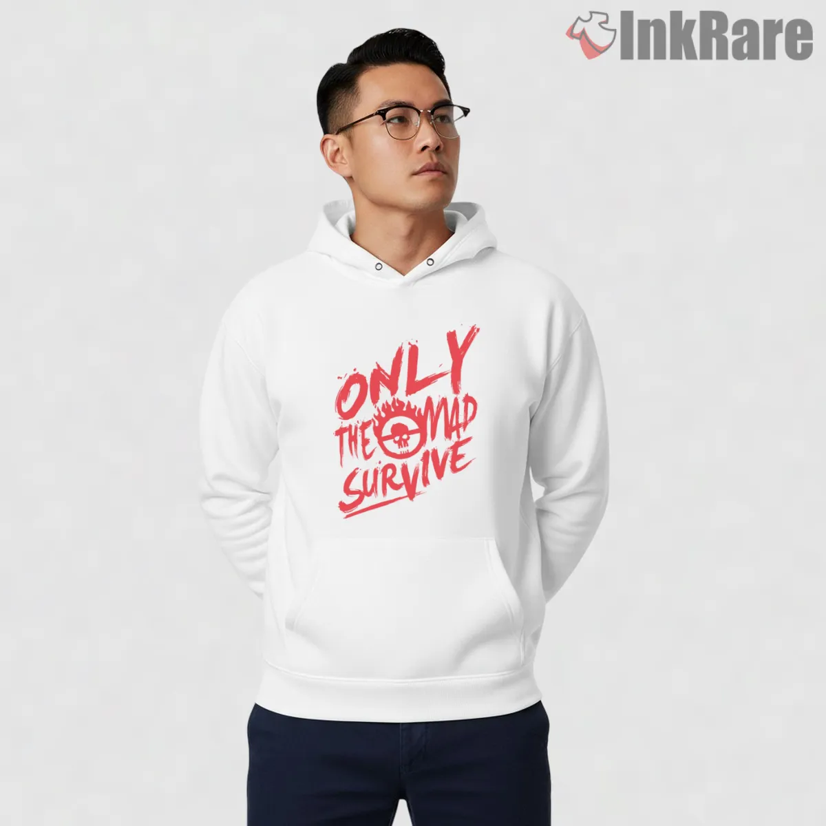 Only The Mad Survive Red Brush Typography Shirt on white hoodie for men graphic tee