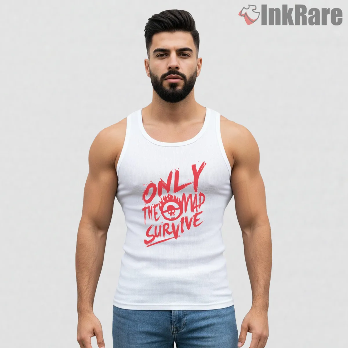 Only The Mad Survive Red Brush Typography Tank Top White Only The Mad Survive Red Brush Typography Shirt on white tank top for men graphic tee