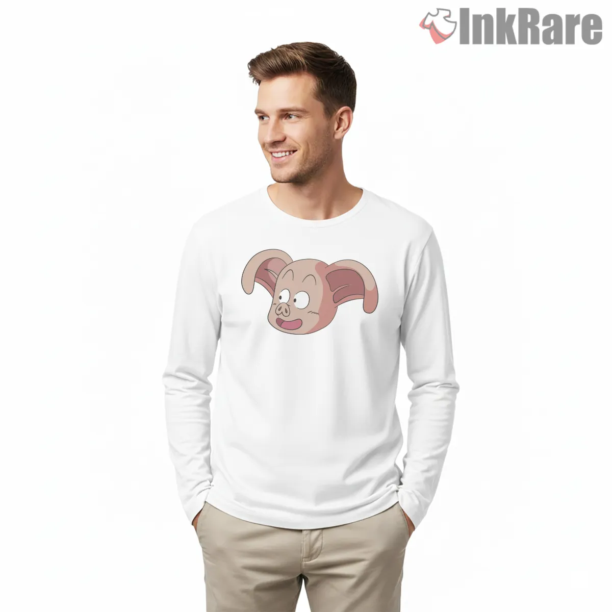 Oolong Piggy Smile Cartoon Portrait Long Sleeve White Oolong Piggy Smile Cartoon Portrait Shirt on white long sleeve shirt for men graphic tee
