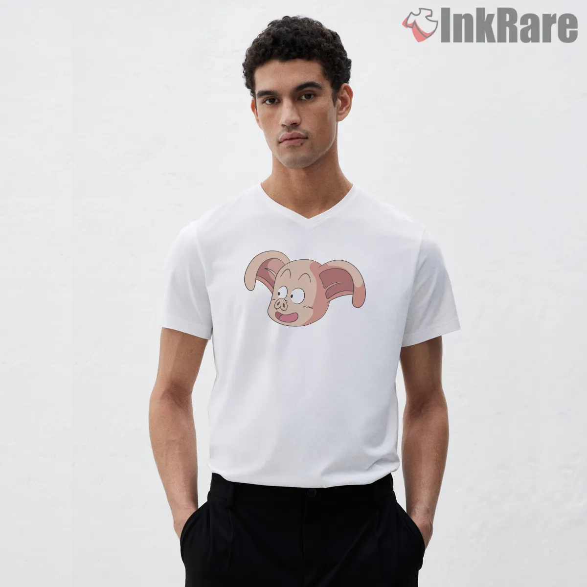Oolong Piggy Smile Cartoon Portrait V Neck White Oolong Piggy Smile Cartoon Portrait Shirt on white v-neck shirt for men graphic tee