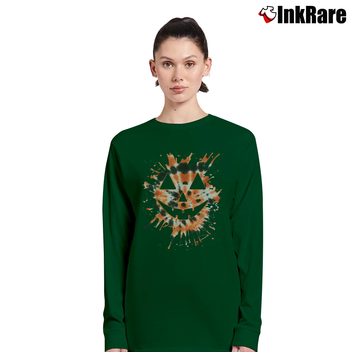 Women’s Orange Tie Dye Jack O Lantern Hippie Halloween Long-Sleeve Top in forest green | Sleek, Versatile, All-Season