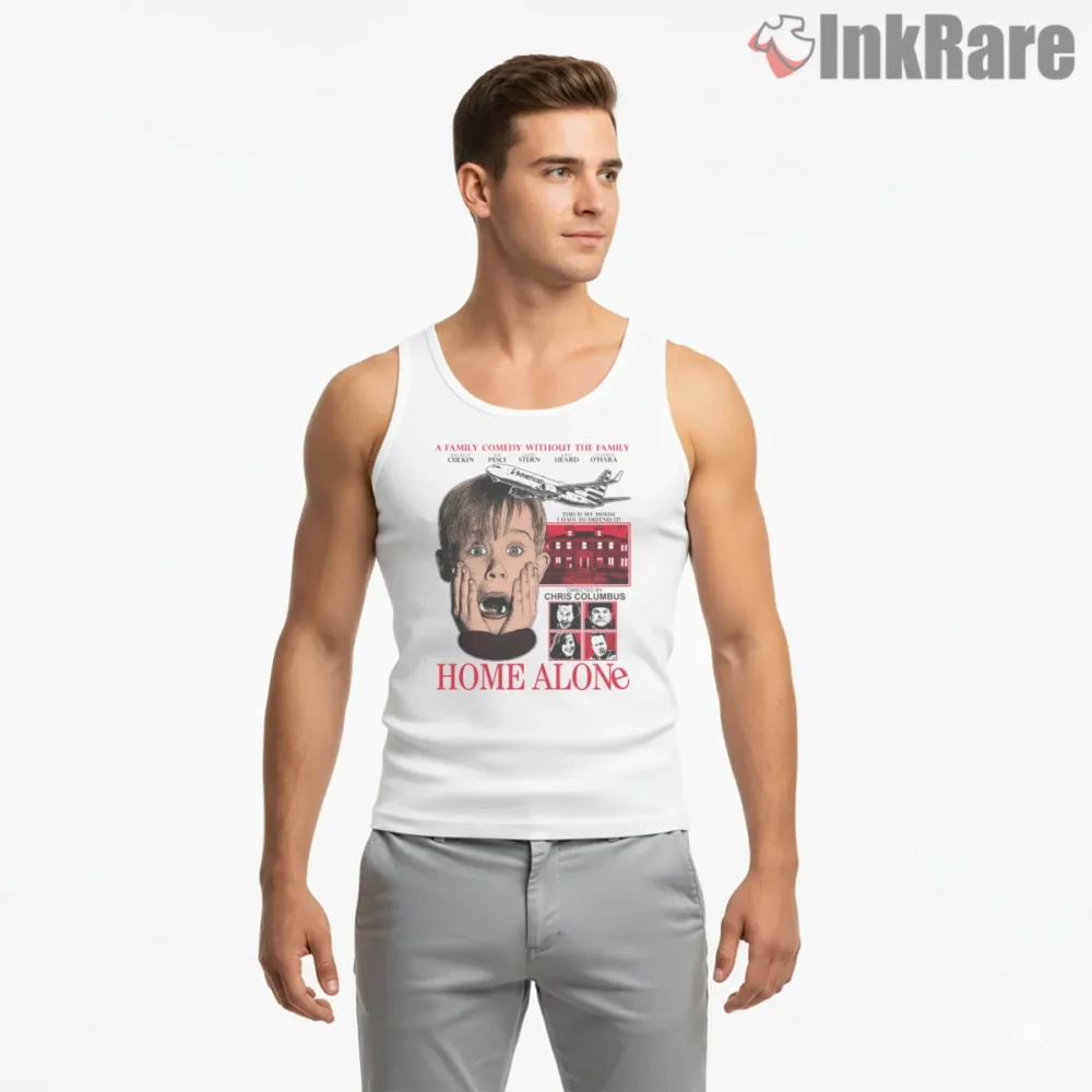 Original Home Alone Kevin Movie Poster Shirt on white tank top for men graphic tee