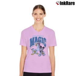 Women’s Orlando Magic Mickey Mouse Basketball Squad V-Neck Tee in light pink | Chic Neckline, Soft Texture