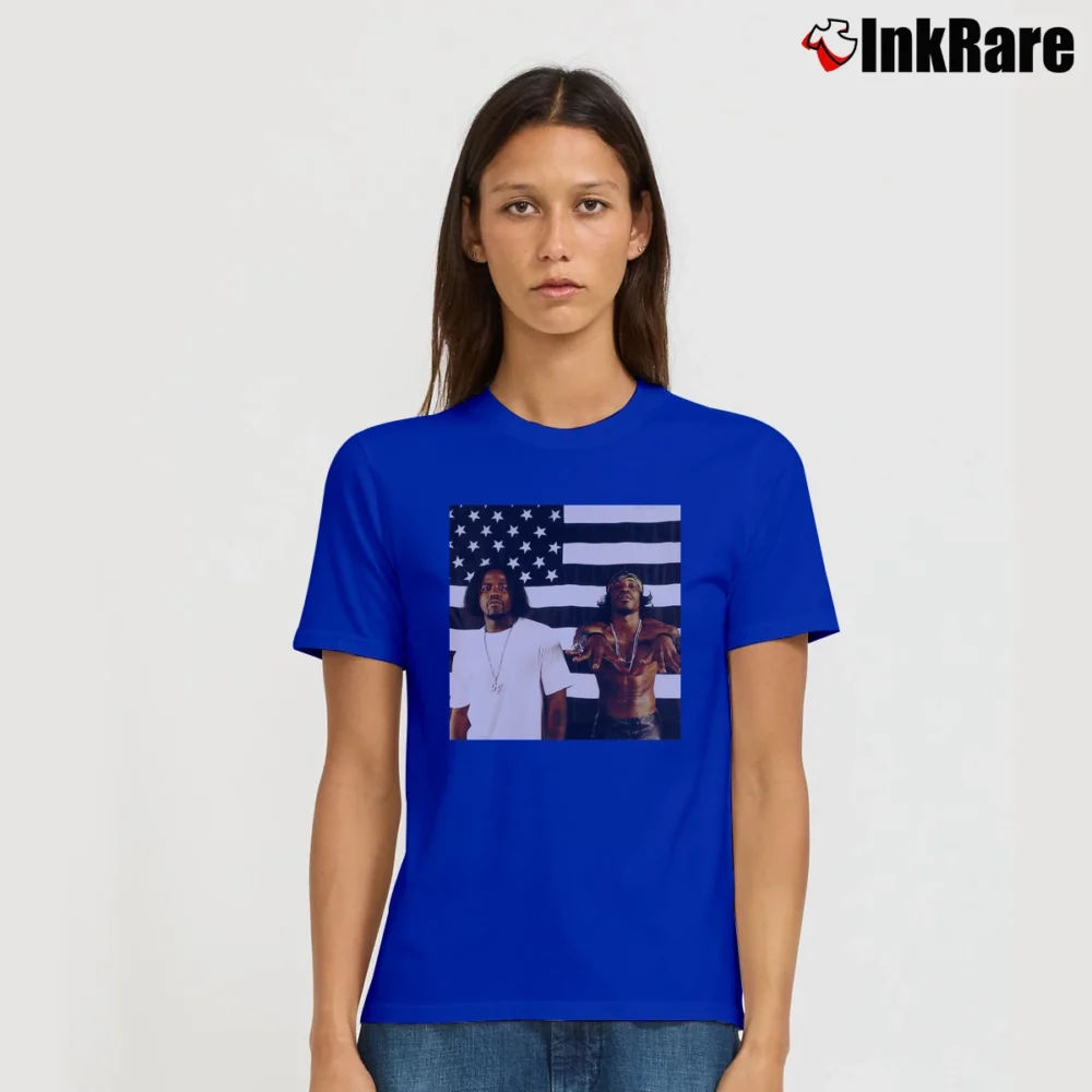 Women’s Outkast American Flag Rap Music Graphic Signature T-Shirt in royal blue | Soft, Flattering Fit