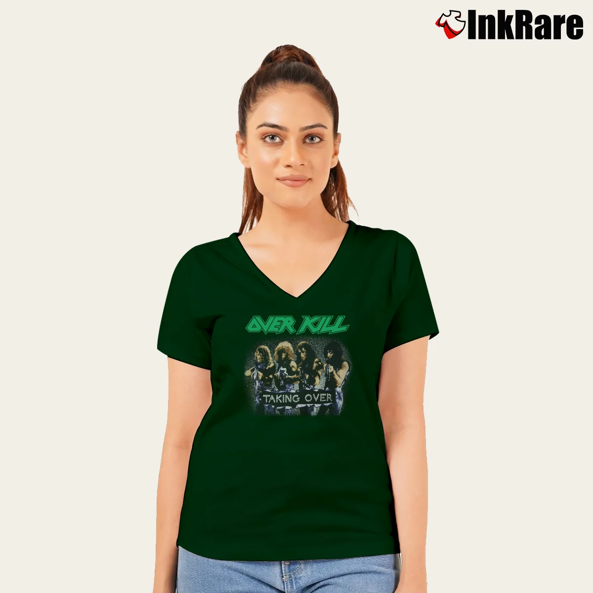 Overkill Taking Over Women’s V-Neck Tee in forest green – Flattering Fit Women’s Overkill Taking Over V-Neck Tee in forest green | Chic Neckline, Soft Texture