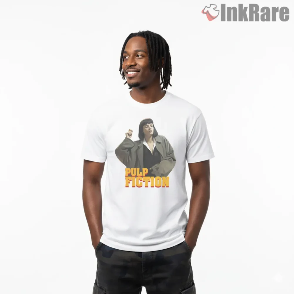 Oversized Coat Mia Wallace Portrait Shirt on white short sleeve shirt for men graphic tee