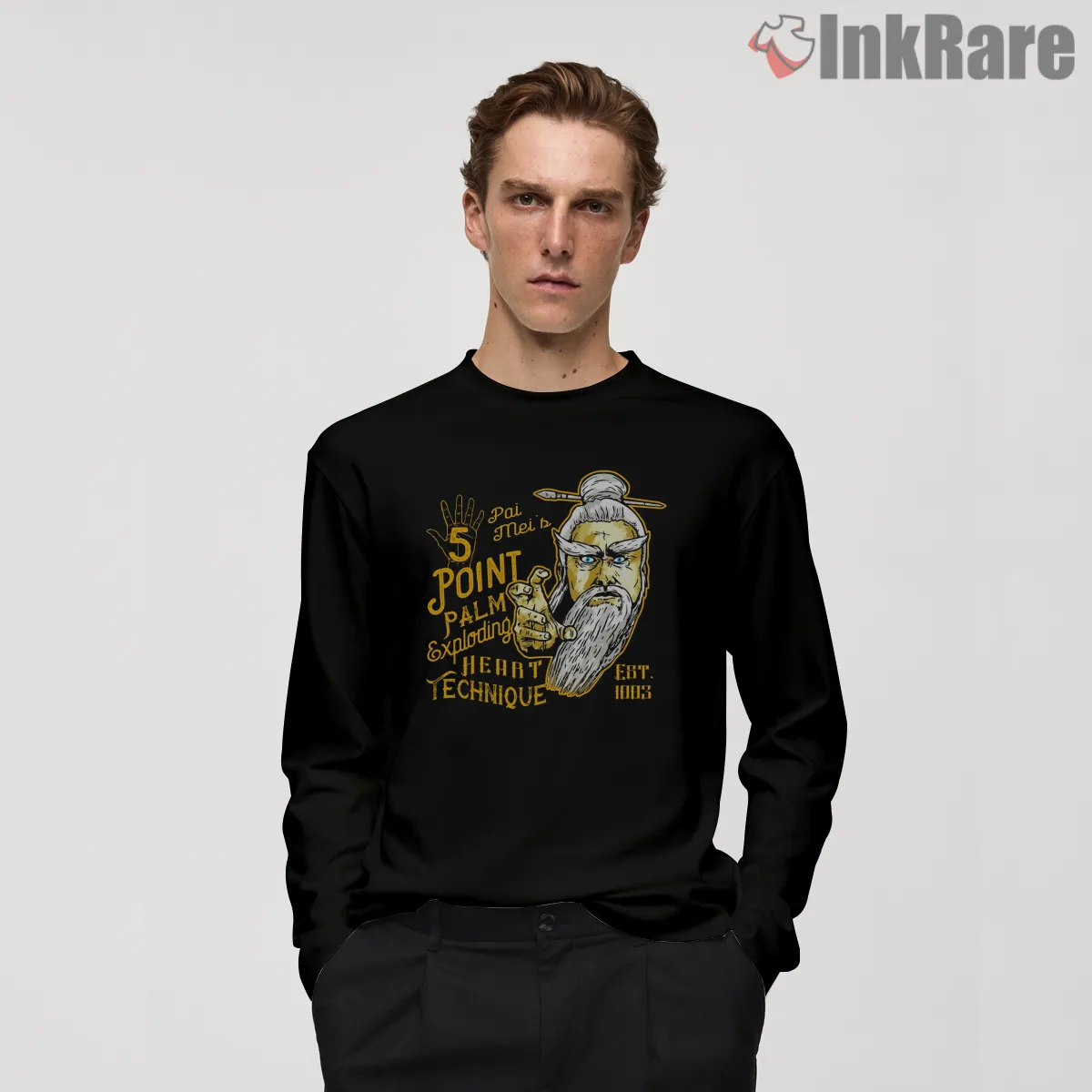 Pai Mei Five Point Palm Technique Vintage Illustration Long Sleeve Black Pai Mei Five Point Palm Technique Vintage Illustration Shirt on black long sleeve shirt for men graphic tee