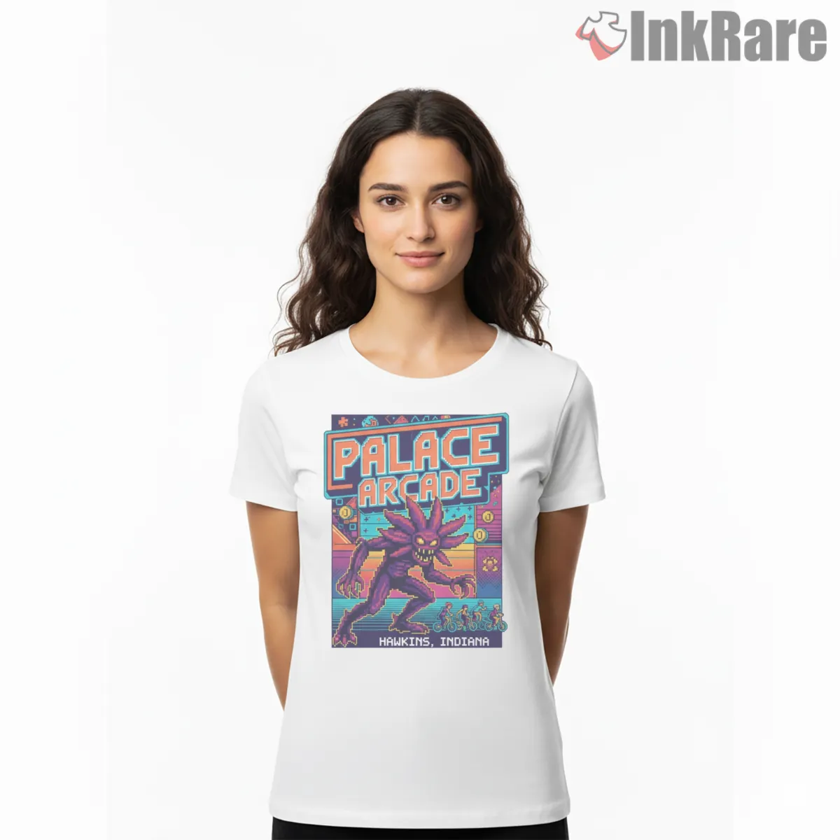 Palace Arcade Hawkins Retro Game Poster Shirt on white short sleeve shirt for women graphic tee