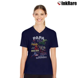 Women’s Papa You Are Our Superhero Marvel Avengers V-Neck Tee in navy | Chic Neckline, Soft Texture