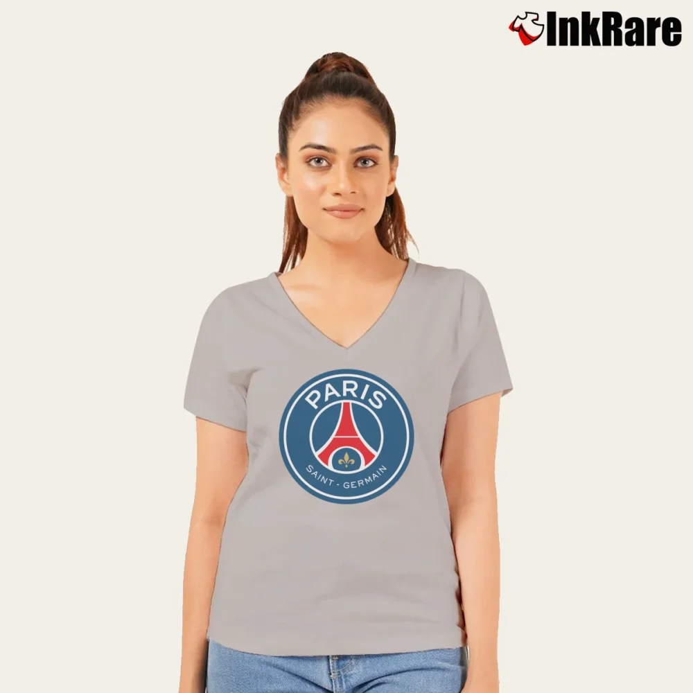 Women’s Paris Saint Germain Logo V-Neck Tee in sport grey | Chic Neckline, Soft Texture