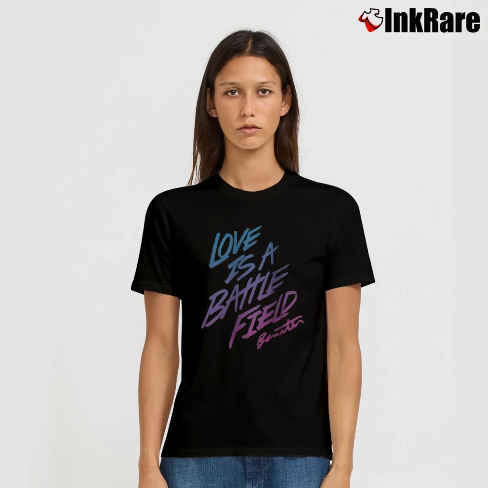 Women’s Pat Benatar Love Is A Battlefield Signature T-Shirt in black | Soft, Flattering Fit