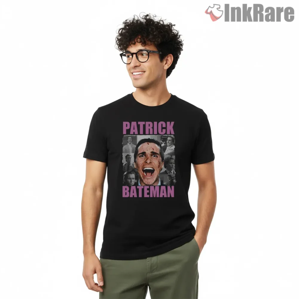 Patrick Bateman American Psycho Collage Fan Shirt on black short sleeve shirt for men graphic tee