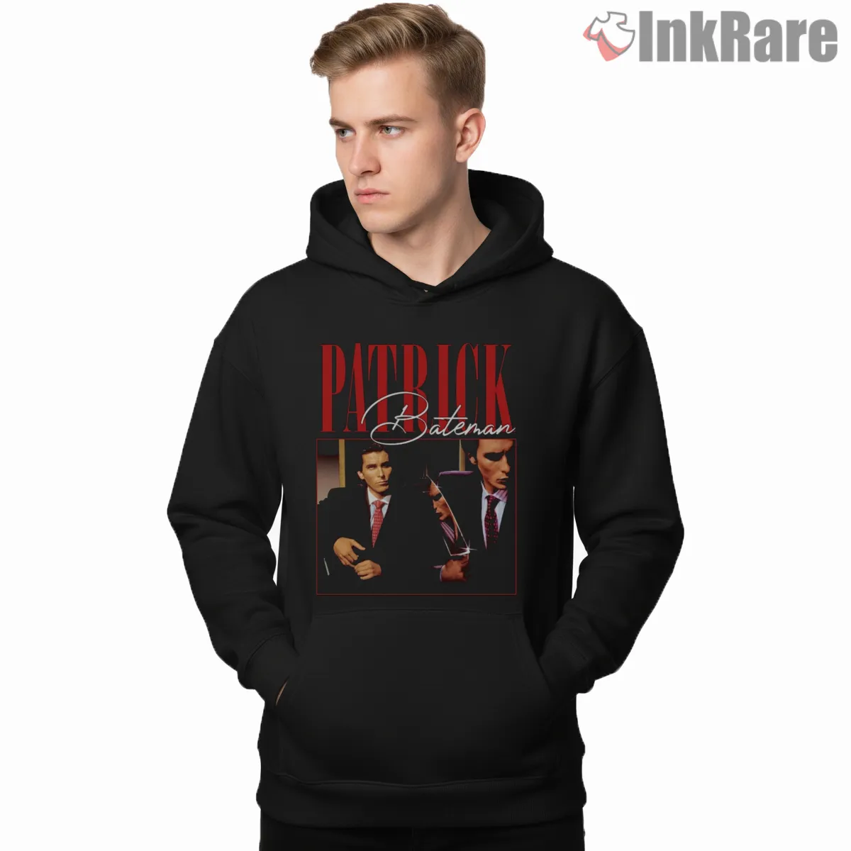 Patrick Bateman Bootleg Vintage Movie Poster Shirt on black hoodie for men graphic tee