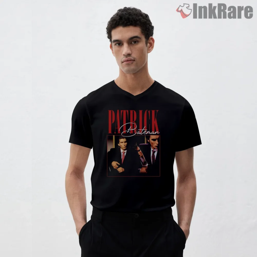 Patrick Bateman Bootleg Vintage Movie Poster Shirt on black v-neck shirt for men graphic tee