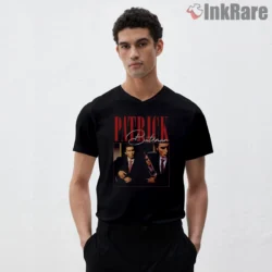 Patrick Bateman Bootleg Vintage Movie Poster Shirt on black v-neck shirt for men graphic tee