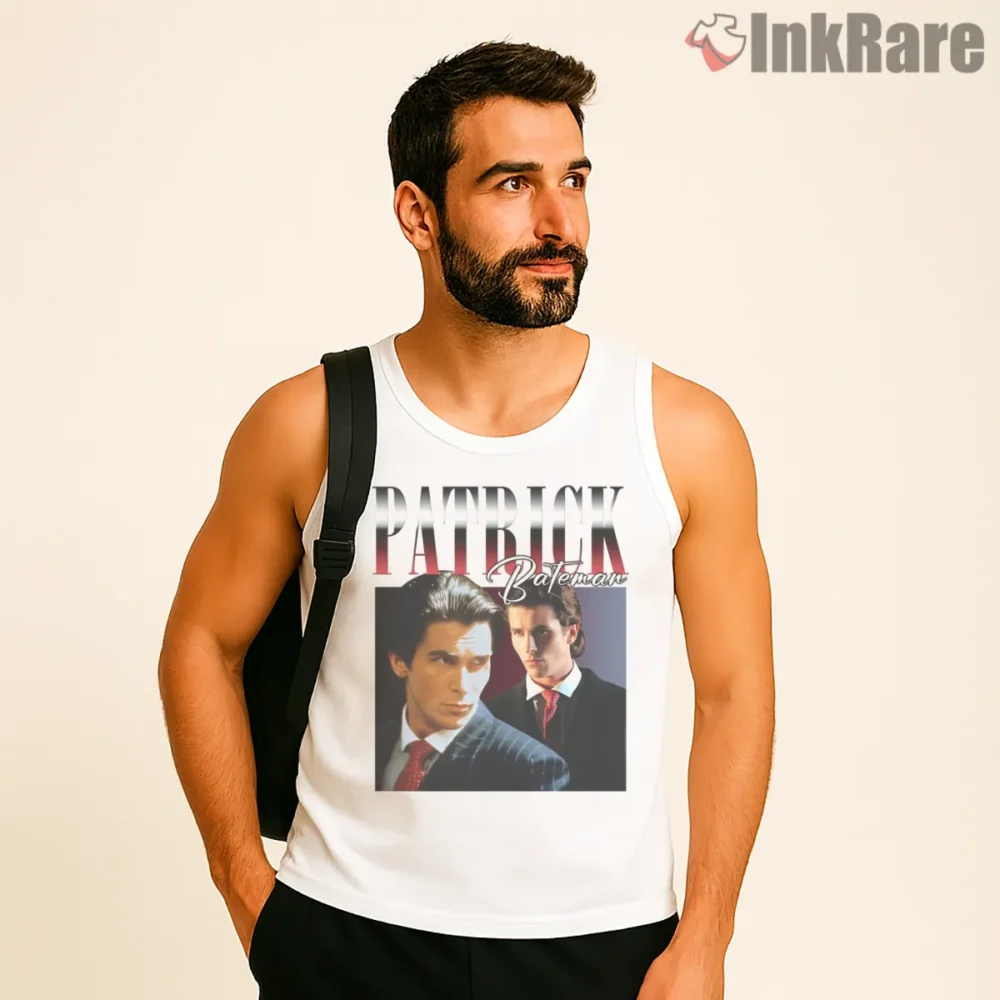 Patrick Bateman Double Portrait Thriller Poster Shirt on white tank top for men graphic tee