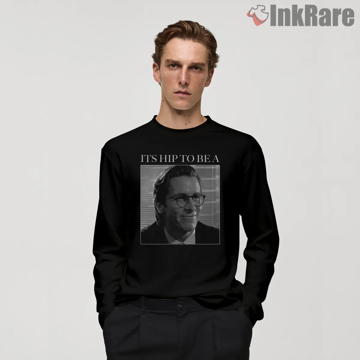 Patrick Bateman Hip To Be A Square Smirk Shirt on black long sleeve shirt for men graphic tee