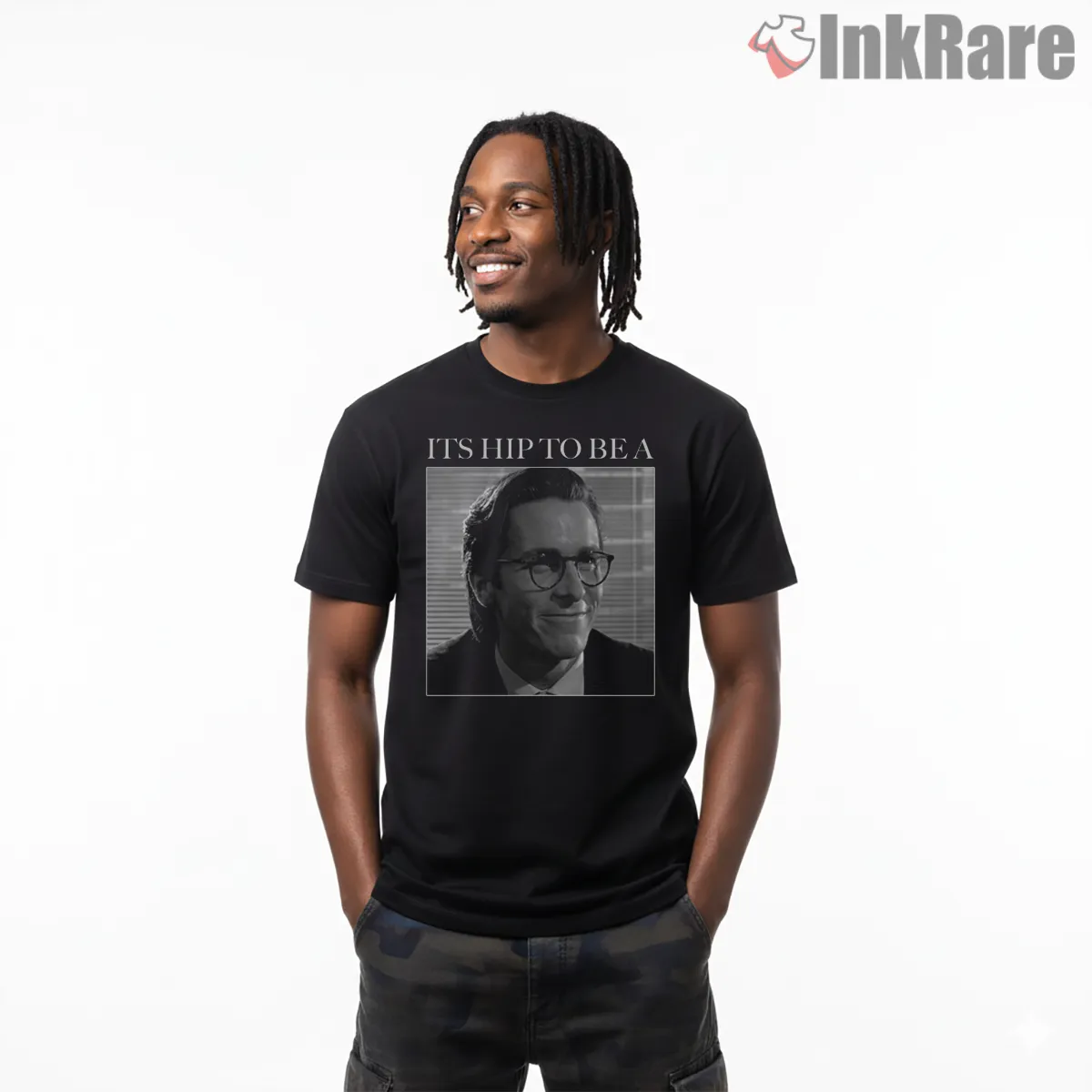 Patrick Bateman Hip To Be A Square Smirk Short Sleeve Black Patrick Bateman Hip To Be A Square Smirk Shirt on black short sleeve shirt for men graphic tee