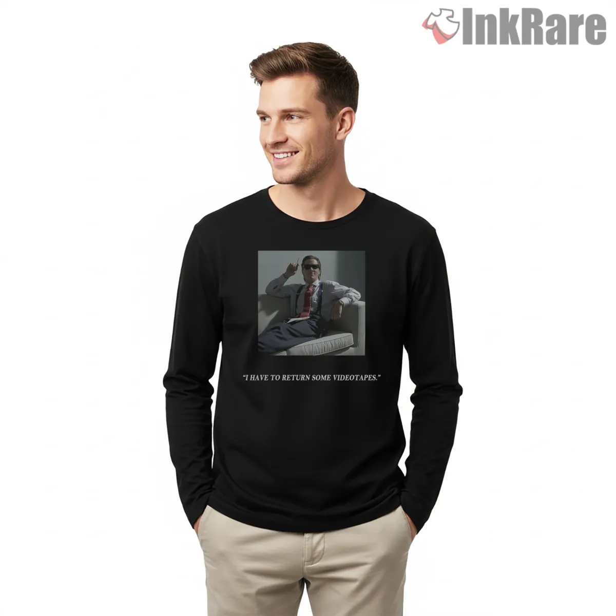 Patrick Bateman Lounge Video Tapes Quote Shirt on black long sleeve shirt for men graphic tee