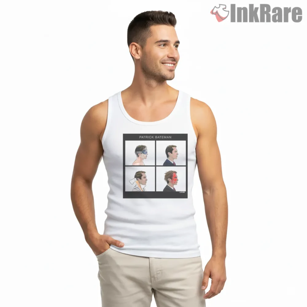 Patrick Bateman Mask And Blood Transformation Shirt on white tank top for men graphic tee