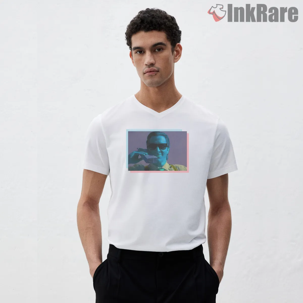 Patrick Bateman Neon Psychosis Aesthetic V Neck White Patrick Bateman Neon Psychosis Aesthetic Shirt on white v-neck shirt for men graphic tee
