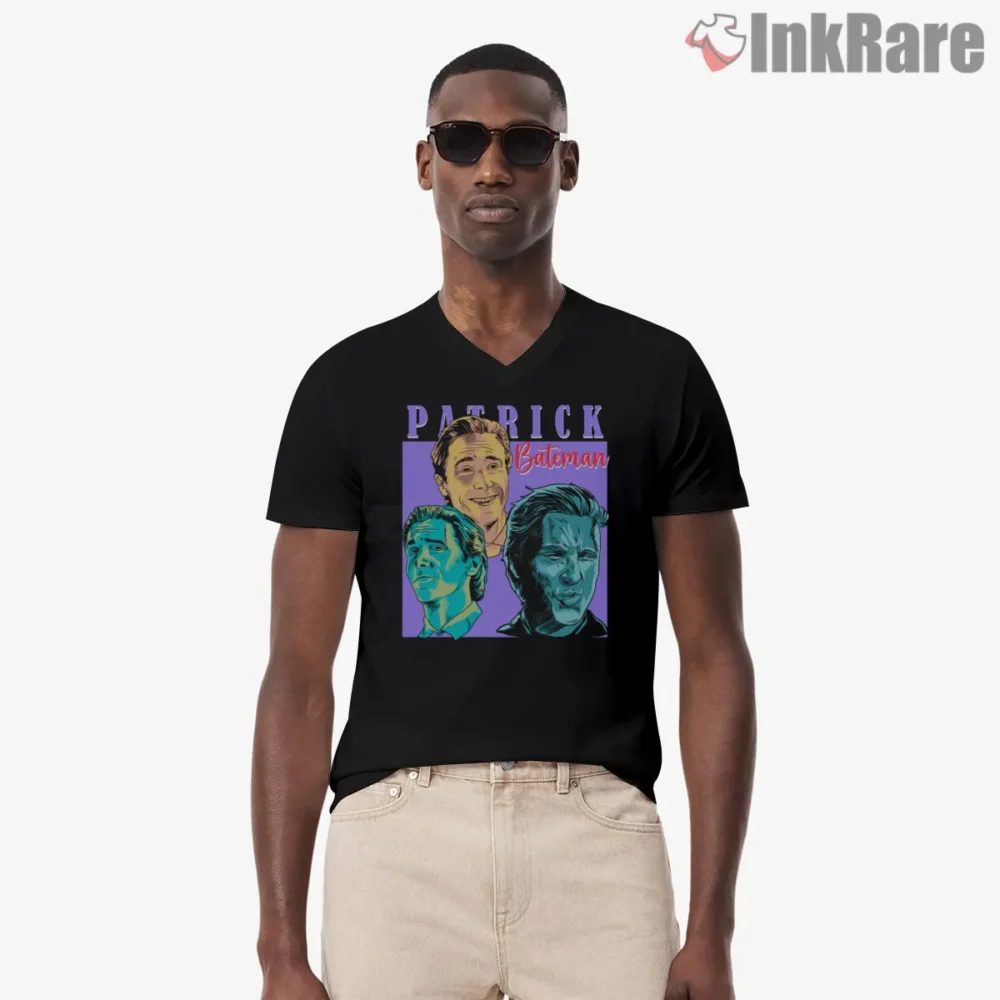 Patrick Bateman Neon Sigma Portrait Shirt on black v-neck shirt for men graphic tee