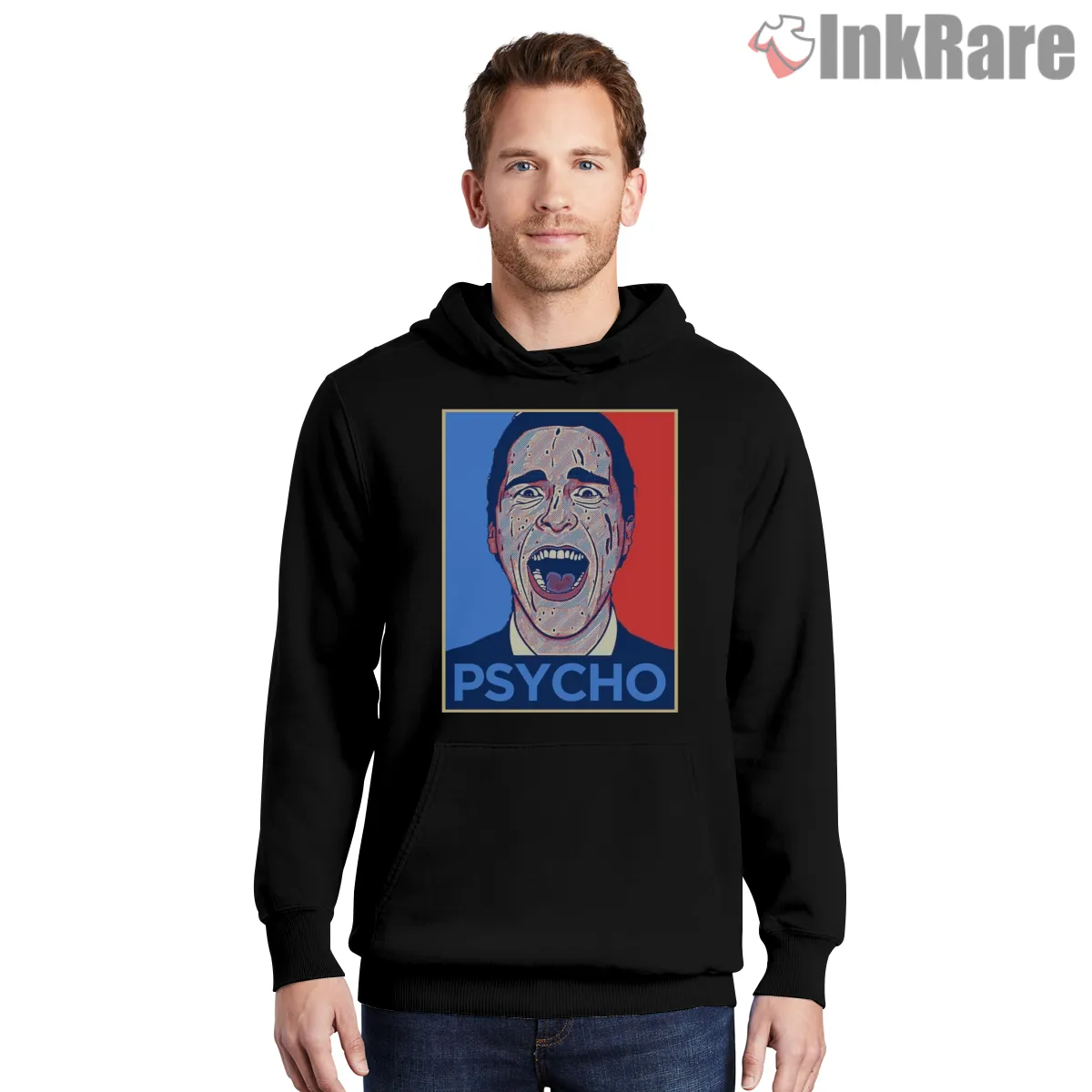 Patrick Bateman Pop Art Psycho Portrait Shirt on black hoodie for men graphic tee