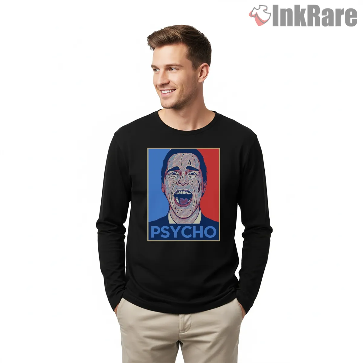 Patrick Bateman Pop Art Psycho Portrait Long Sleeve Black Patrick Bateman Pop Art Psycho Portrait Shirt on black long sleeve shirt for men graphic tee