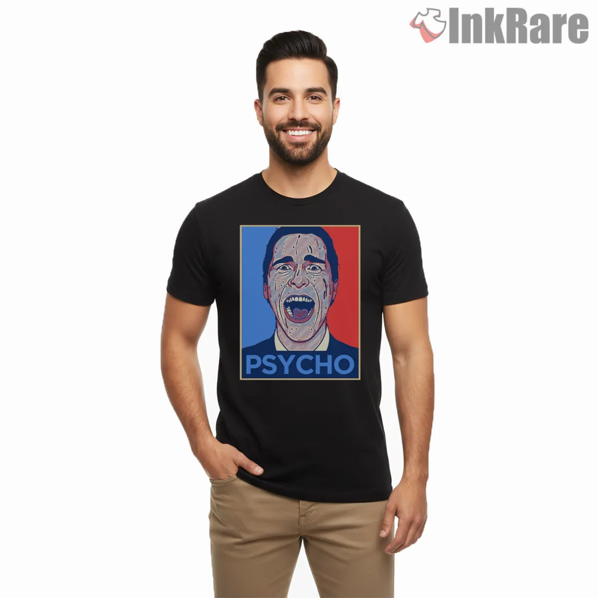 Patrick Bateman Pop Art Psycho Portrait Short Sleeve Black Patrick Bateman Pop Art Psycho Portrait Shirt on black short sleeve shirt for men graphic tee