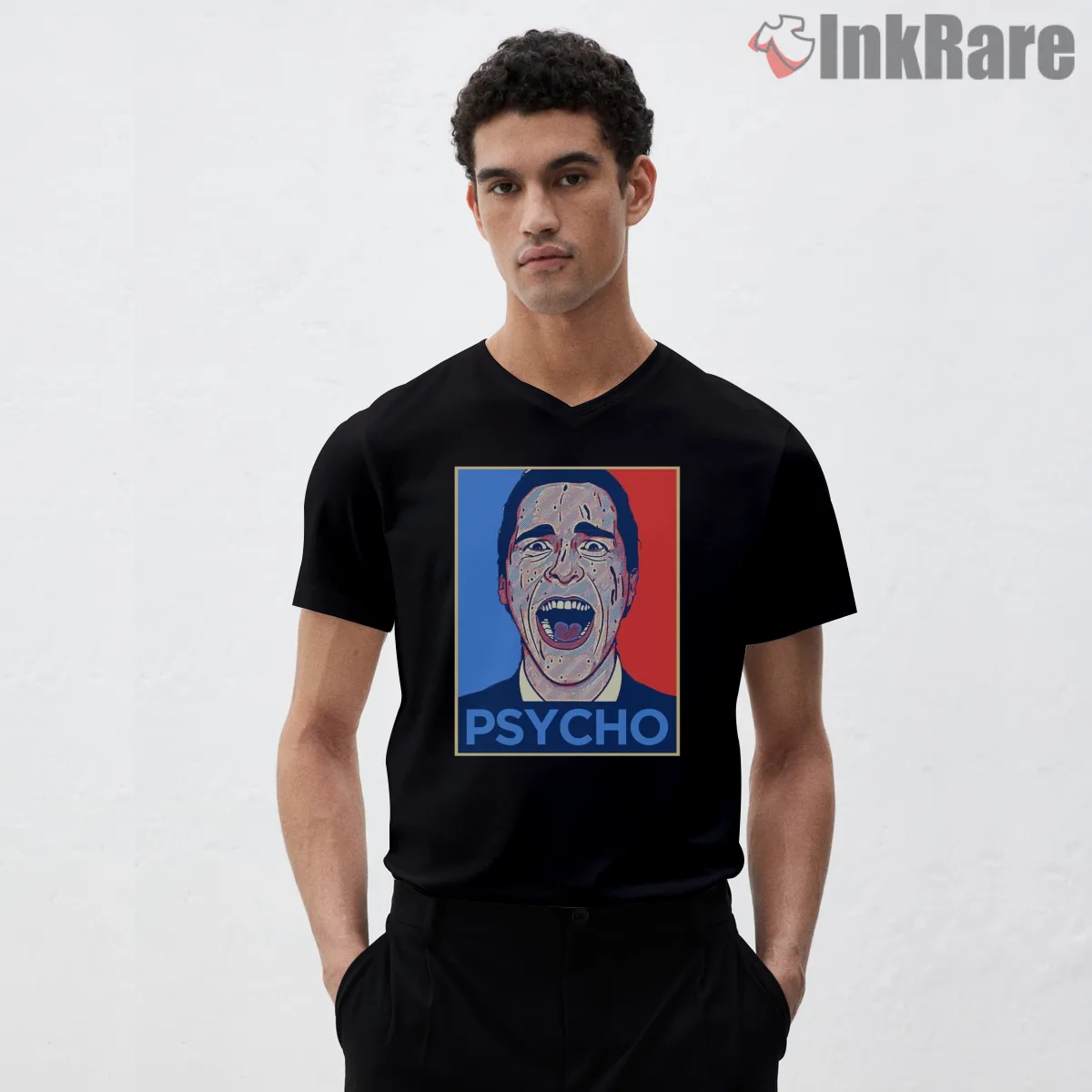 Patrick Bateman Pop Art Psycho Portrait V Neck Black Patrick Bateman Pop Art Psycho Portrait Shirt on black v-neck shirt for men graphic tee