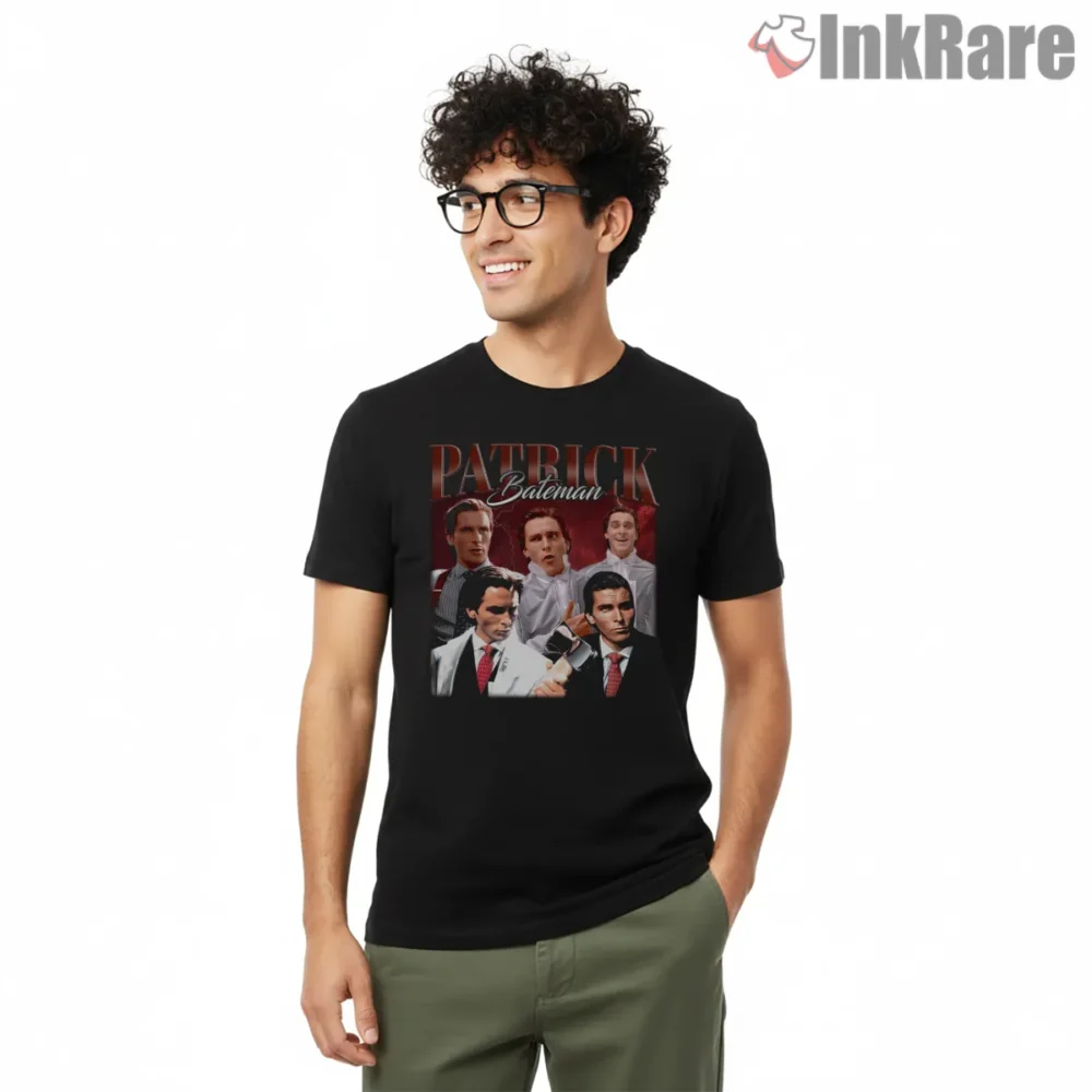 Patrick Bateman Retro Nineties Horror Ensemble Shirt on black short sleeve shirt for men graphic tee