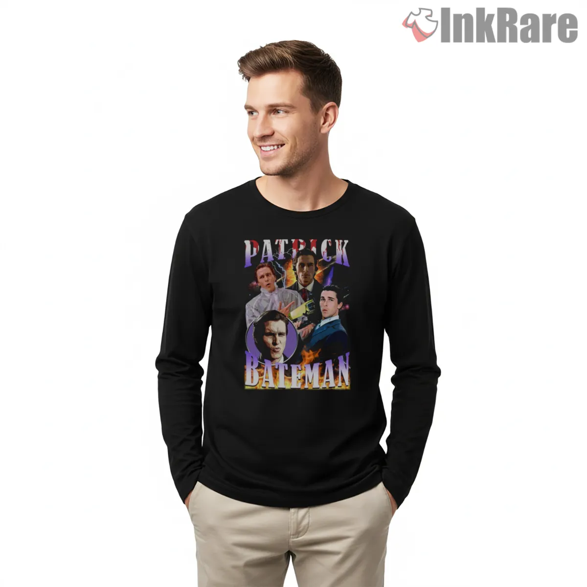 Patrick Bateman Vintage Bootleg Collage Shirt on black long sleeve shirt for men graphic tee