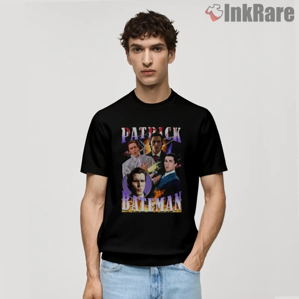 Patrick Bateman Vintage Bootleg Collage Shirt on black short sleeve shirt for men graphic tee
