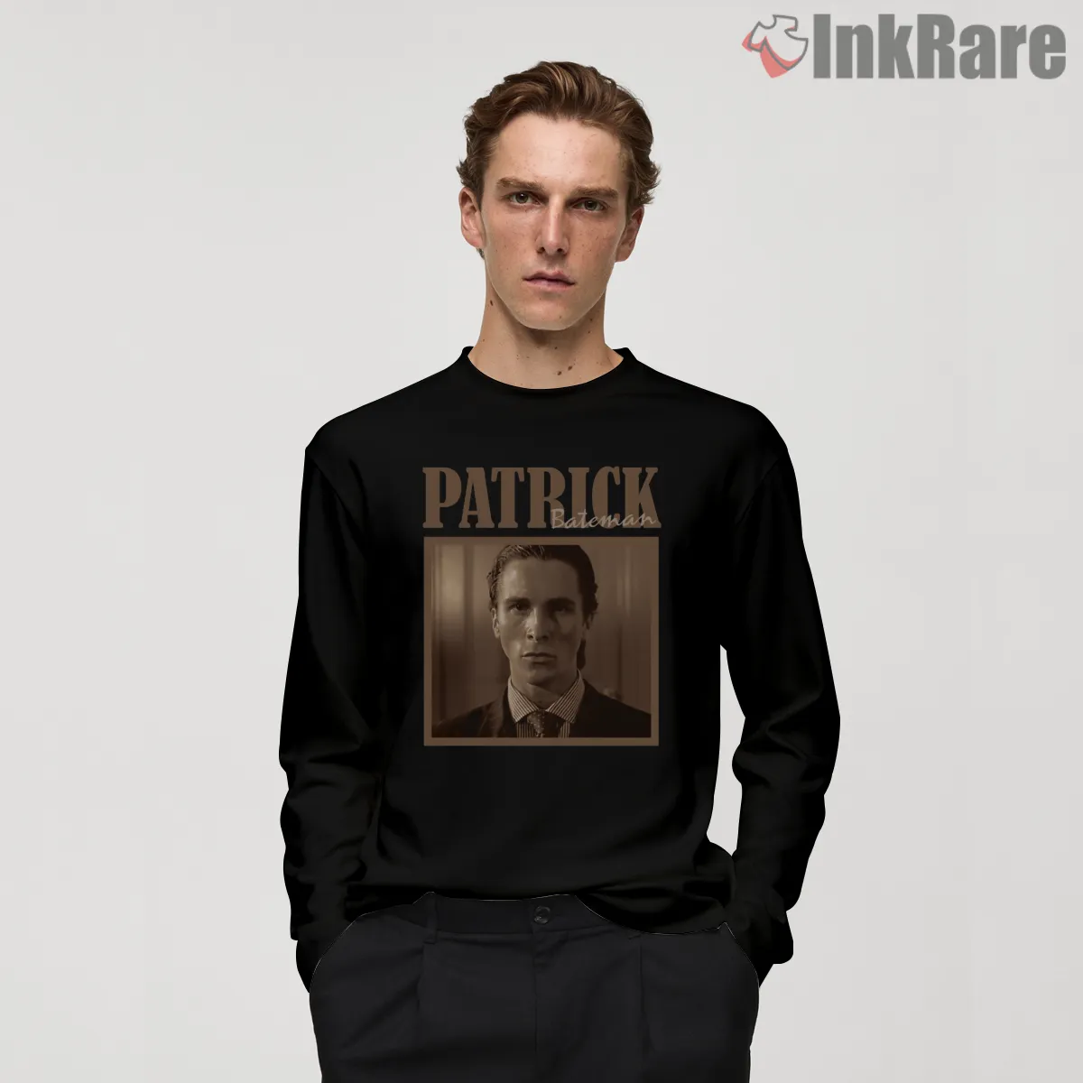 Patrick Bateman Vintage Portrait Aesthetic Long Sleeve Black Patrick Bateman Vintage Portrait Aesthetic Shirt on black long sleeve shirt for men graphic tee