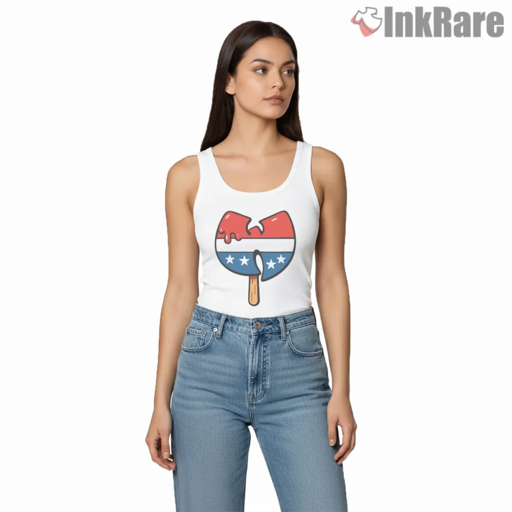 Patriotic Popsicle Wu Tang Emblem Shirt on white tank top for women graphic tee