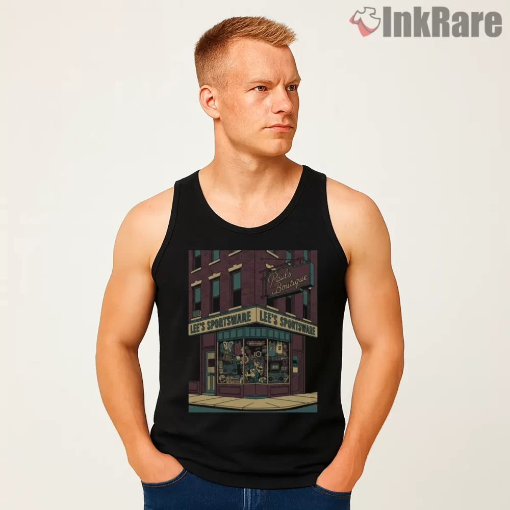 Pauls Boutique Corner Shop Illustration Shirt on black tank top for men graphic tee