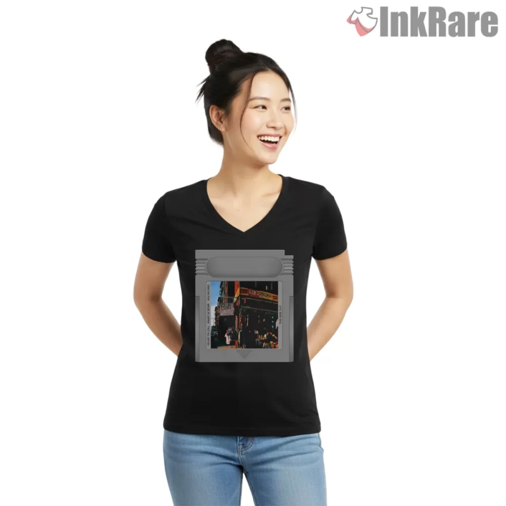 Pauls Boutique Retro Game Cartridge Shirt on black v-neck shirt for women graphic tee