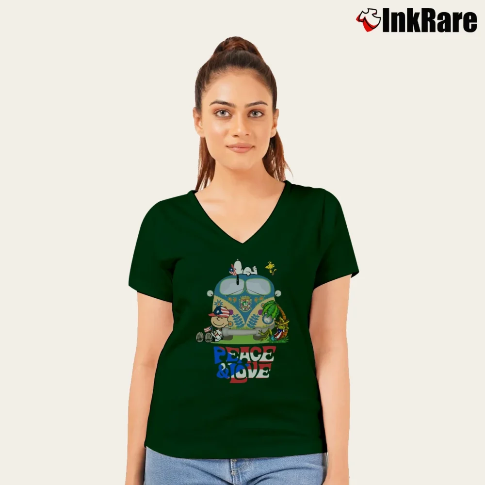 Women’s Peace And Love Puerto Rico Snoopy V-Neck Tee in forest green | Chic Neckline, Soft Texture