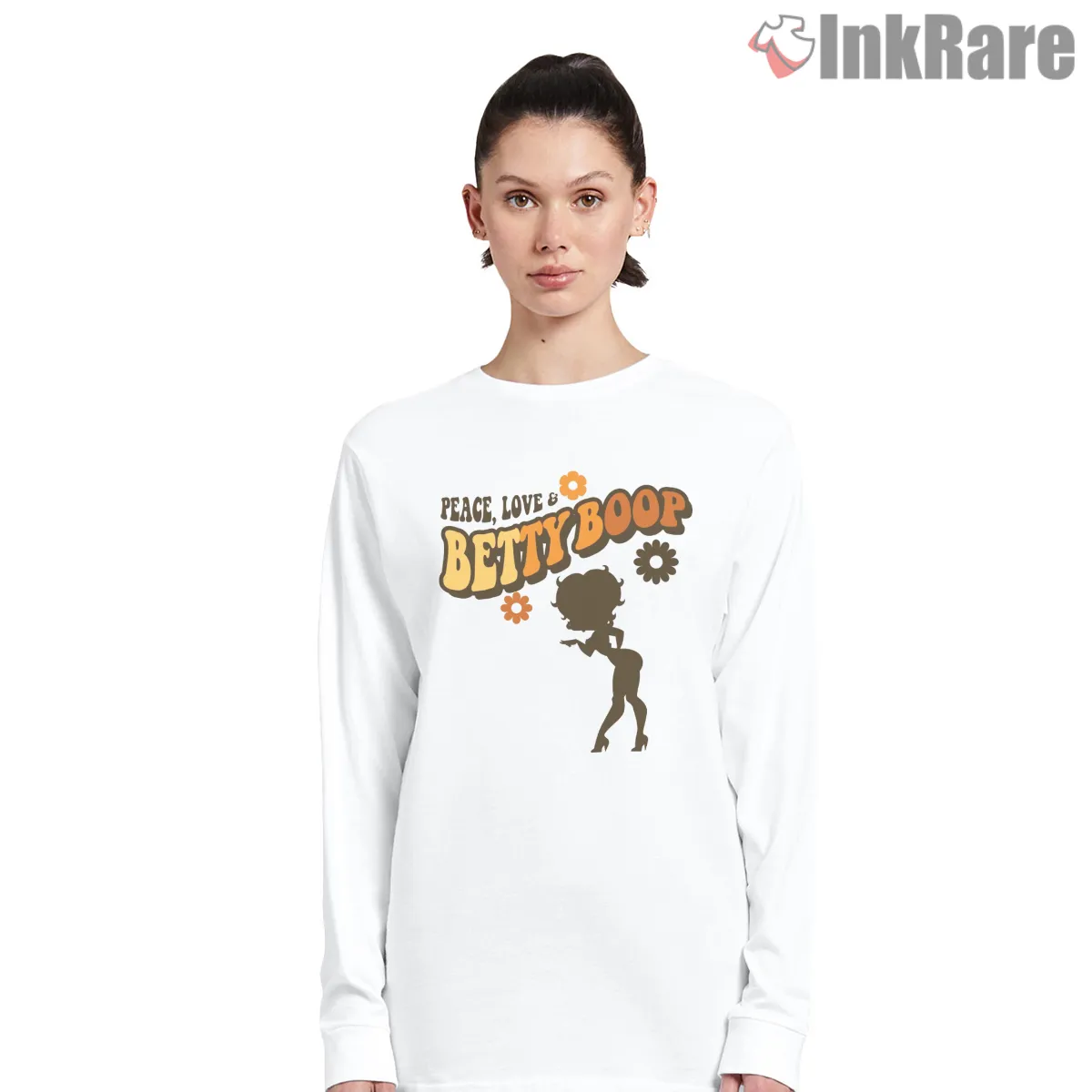 Peace Love Betty Boop Silhouette Long Sleeve White Peace Love Betty Boop Silhouette Shirt on white long sleeve shirt for women graphic tee