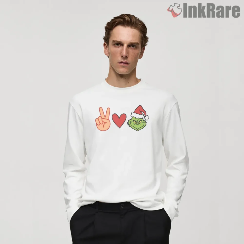 Peace Love Grinch Funny Christmas Parody Shirt on white long sleeve shirt for men graphic tee