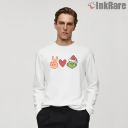 Peace Love Grinch Funny Christmas Parody Shirt on white long sleeve shirt for men graphic tee